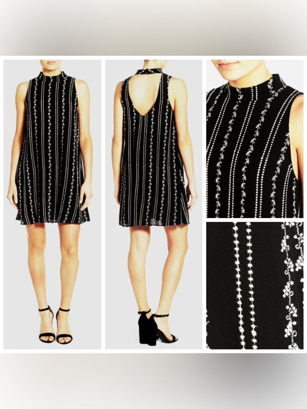 Way-in Black Sleeveless Mock-Neck Mini Dress with Vertical Embroidery, Medium